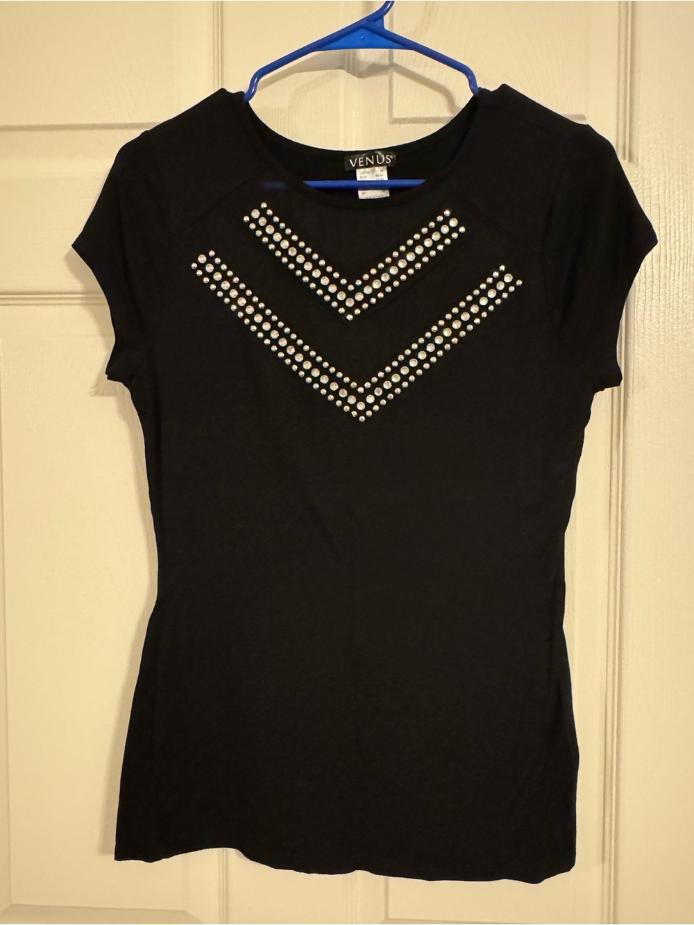 VENUS Black Short Sleeve Top with Silver Stud Chevron Accents
